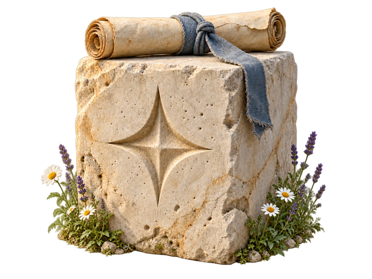 A weathered limestone archive with a recessed four-point seal, a parchment scroll, a blue linen ribbon, and wildflowers.