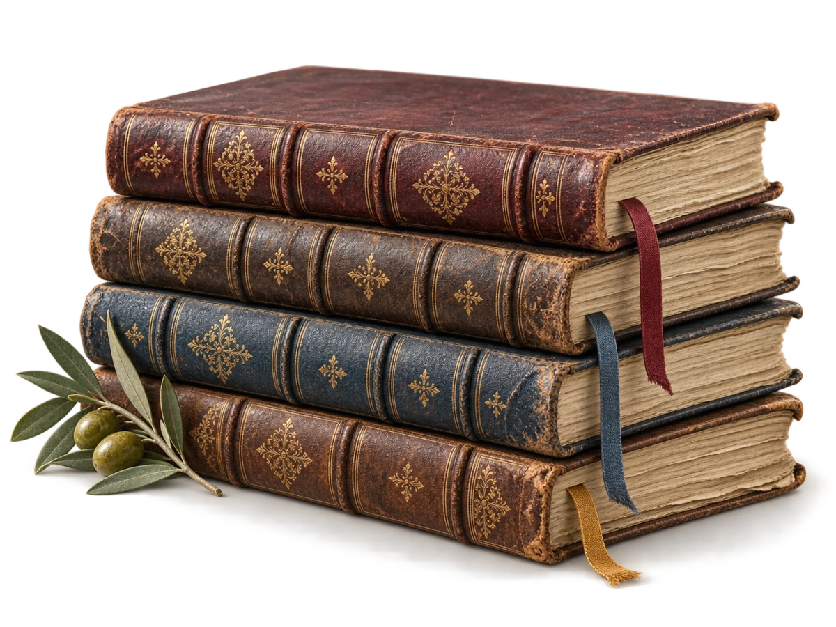 A stack of leather-bound books with brass details and flowing linen bookmarks.